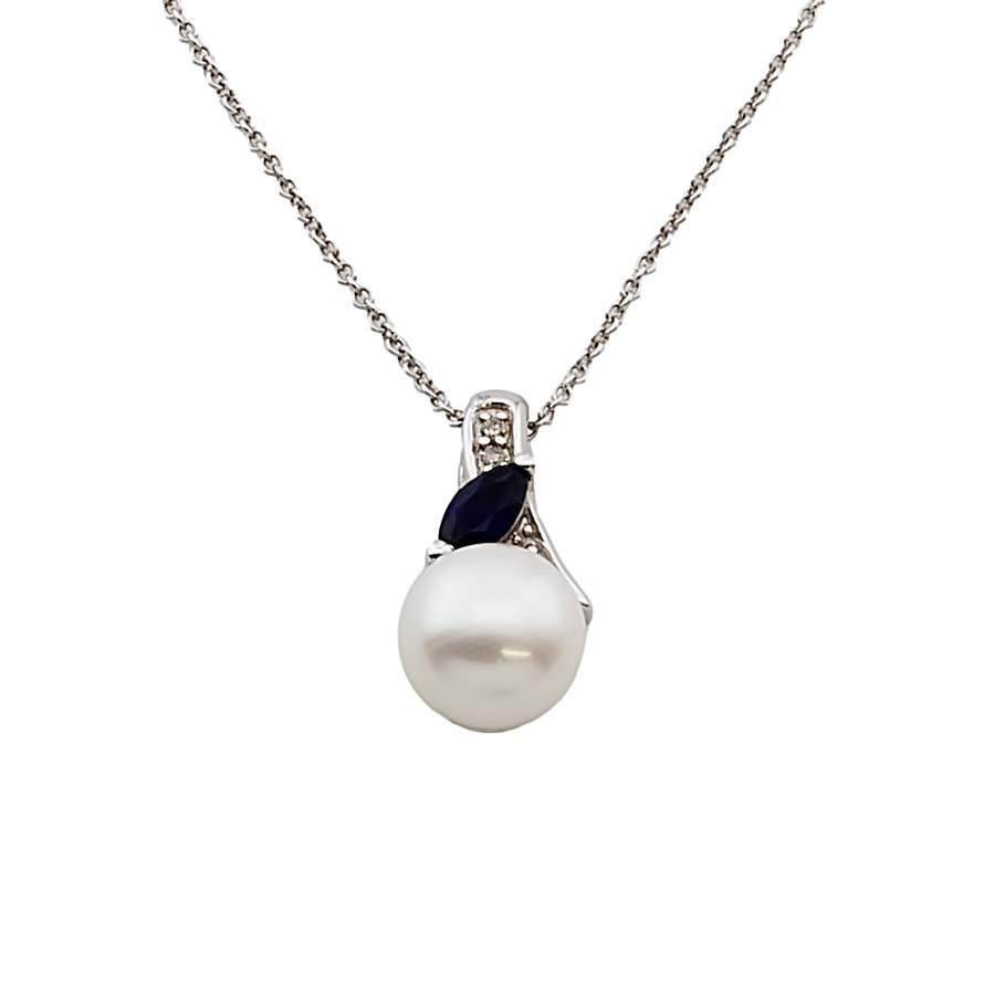 9ct White Gold Sapphire/Pearl Pendant with Chain